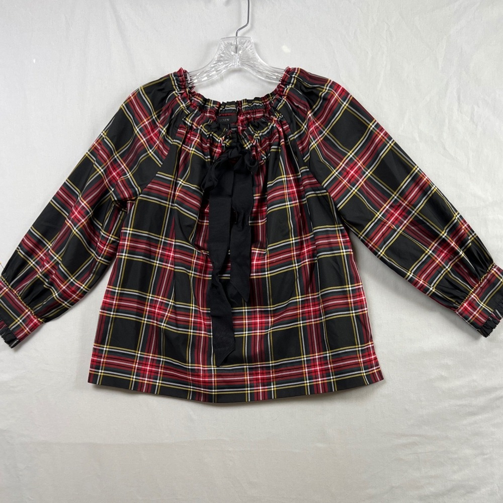 J.Crew Plaid Blouse Women S Black Red Silk Blend Tie Neck Stewart Tartan Top